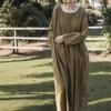 Johnature Women Vintage Dress O-Neck Long Sleeve Flod Spring Robes Solid Color A-Line Women Dresses