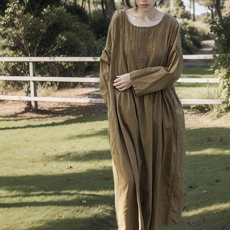 Johnature Women Vintage Dress O-Neck Long Sleeve Flod Spring Robes Solid Color A-Line Women Dresses