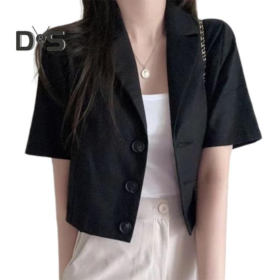 

Женский летний костюм, пальто с лацканами, с коротким рукавом, однобортный, на пуговицах, с планкой, короткий пиджак, однотонный, свободный крой, деловая верхняя одежда M чёрный