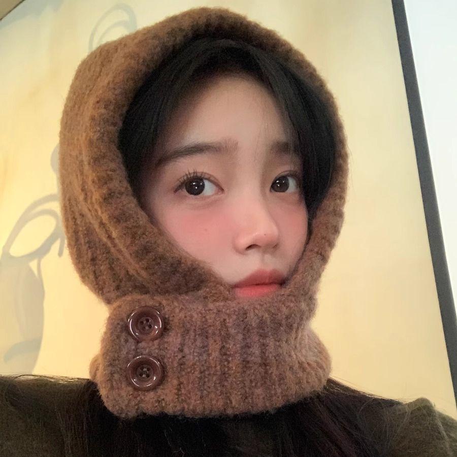 Women's Autumn Winter Cycling Large Head Circumference Wool Hat Warm Ear Protection Scarf Integrated Knitted Hat