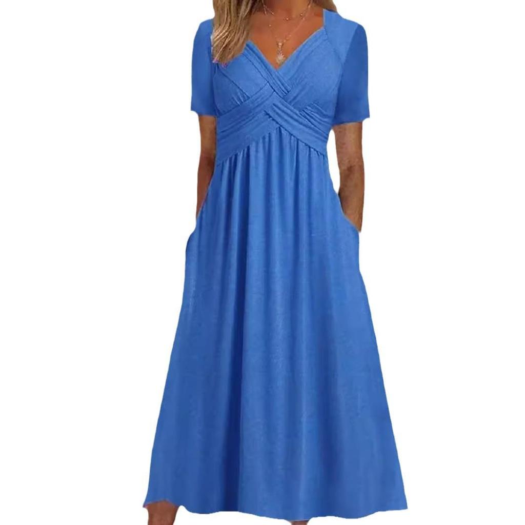 2026 Women's Autumn Pullover Dress: Solid Color, Short Sleeve, Round Neck, Umbrella Skirt