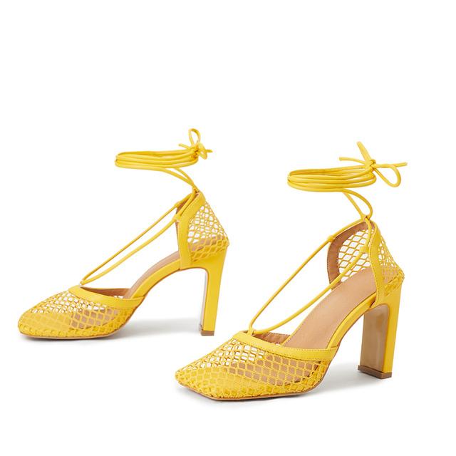

Летние женские босоножки на высоком каблуке 9,5 см, женские фетиш-гладиаторы, желтые босоножки на блочном каблуке, пикантные туфли на шнуровке, сетчатый ремешок с перекрестием 42 жёлтый
