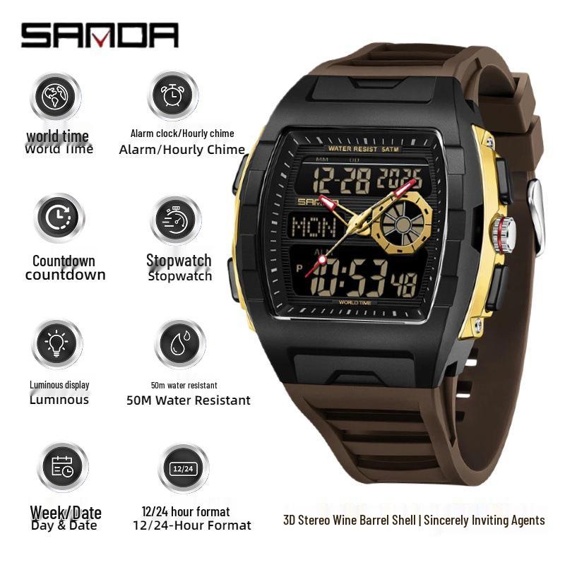 Sanda Men's Sports Barrel-Shaped Luminous Countdown Watch with Triple Time Zone and Dual Display, Waterproof Design.