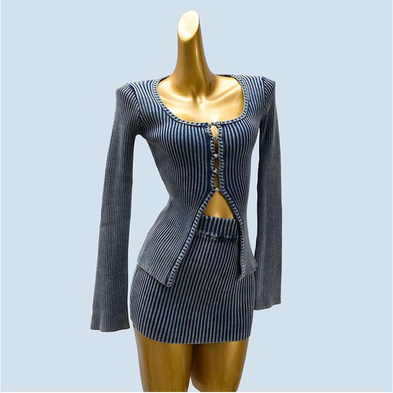 

Foreign Trade Order Sweet Gyaru Square Collar Long sleeve Knit cardigan Women Early Spring Gentle Temperament Short dress Top Two-piece Suit Water Mill Blue M