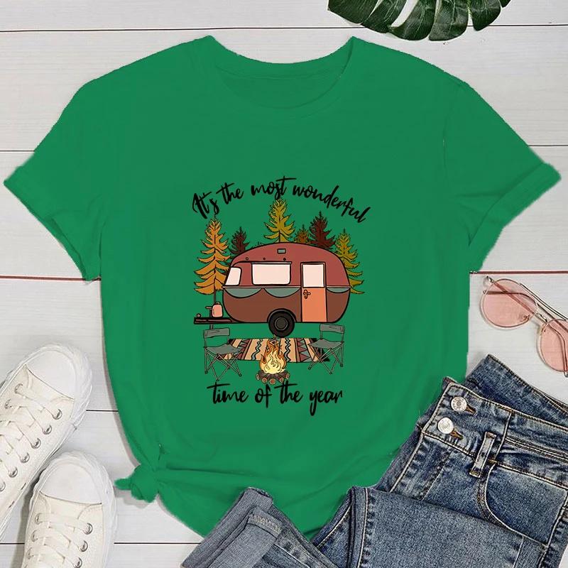 (Premium T-shirt)Funny Camping It'S The Most Wonderful Time Of The Year Print T-Shirts For Women Summer Round Neck Tee Shirt