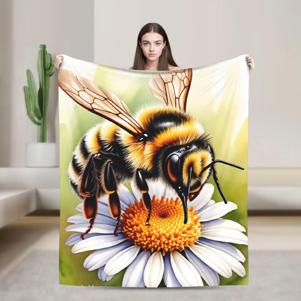 Bee and Flowers Flannel Blanket Adults Child Warm Bedding Throws Winter Home Decor Bedspread Sofa Bed Cover