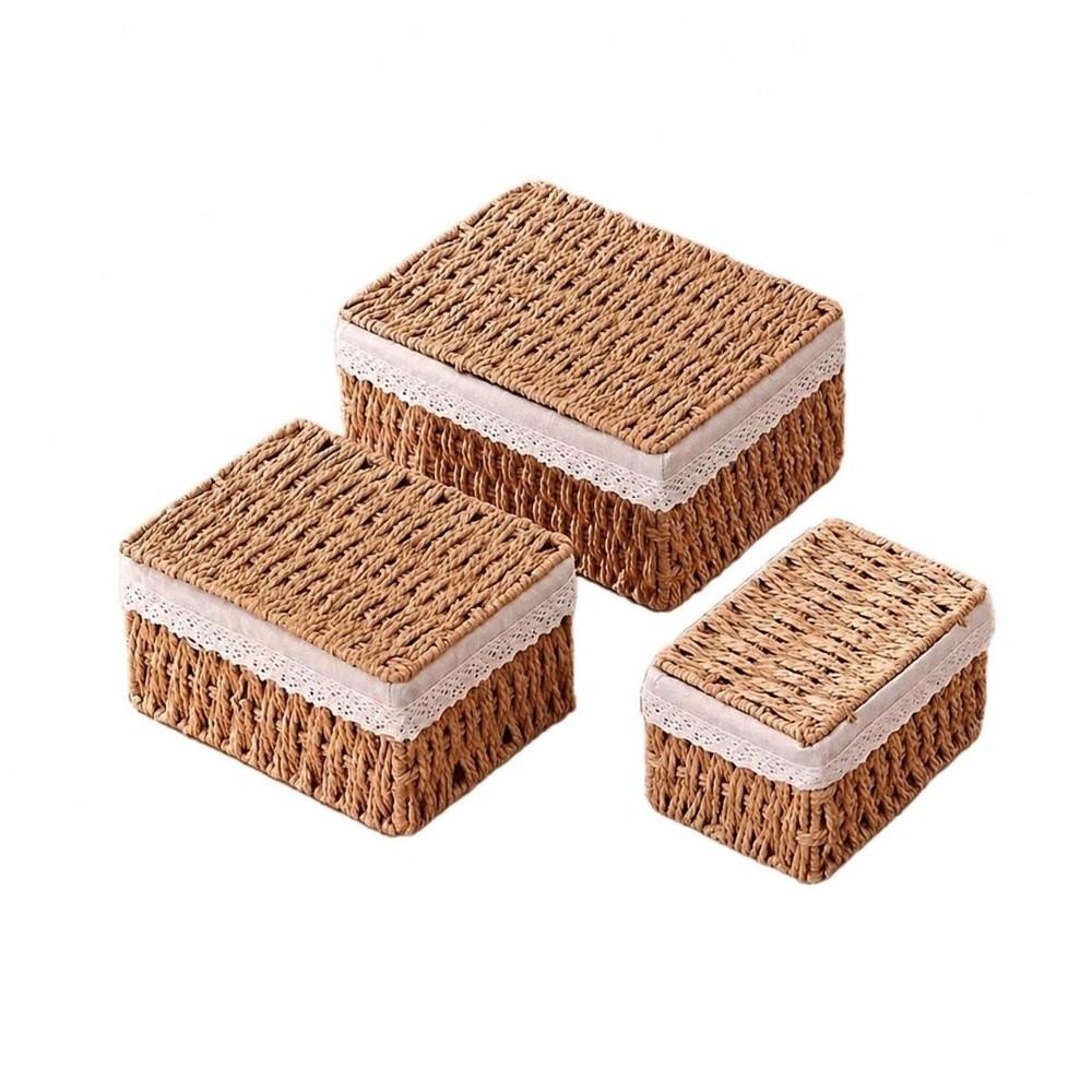 Hand-woven Storage Baskets with Lid/Liner Desktop Sundries Organizer for Closet Shelf