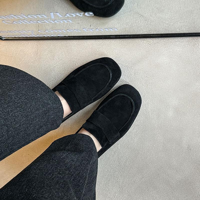 Comfort | 3cm British soft sheep anti-leather loafers women's thick heel one pedal round head gray middle heel beanie shoes