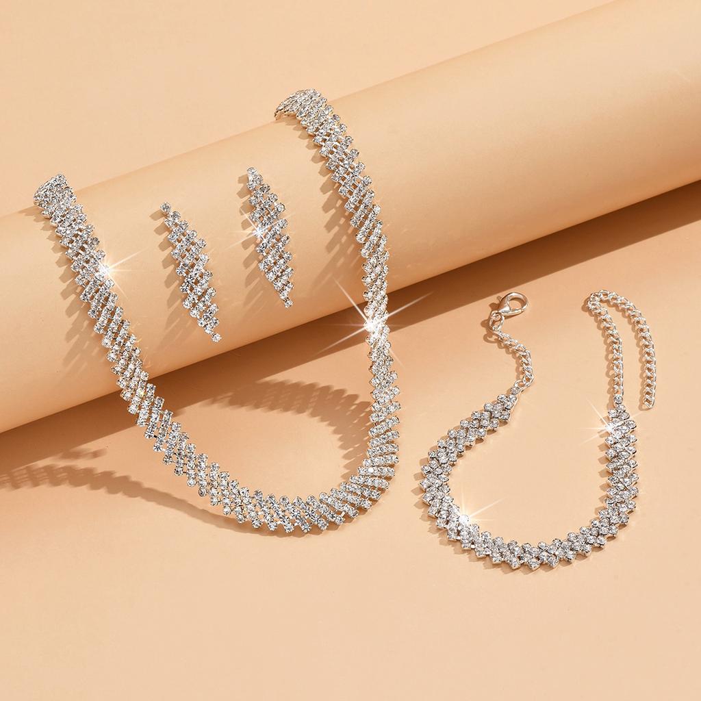 Women's Fashion Geometric Inlaid Zircon Necklace Earrings Bracelet Zircon Set Wedding Party Festival Gift