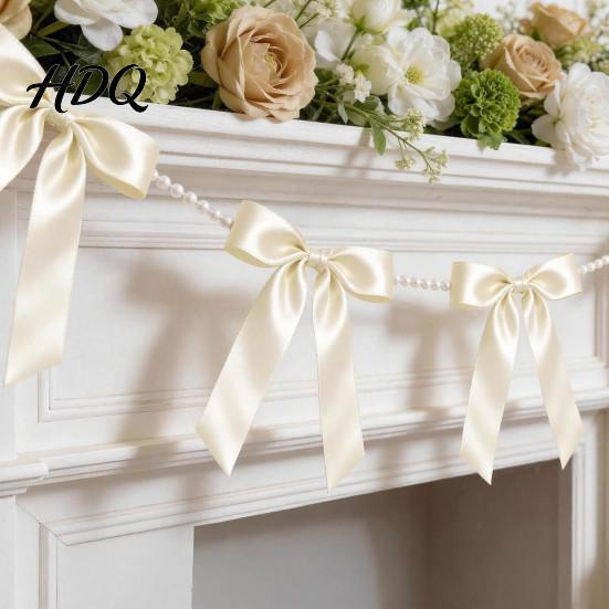 Bridal Shower Photo Props Bow Garland Banner Satin Ribbon Bows with Faux Pearl Chain 2m Bowknot Banner for Wedding Wedding Shower Bachelorette