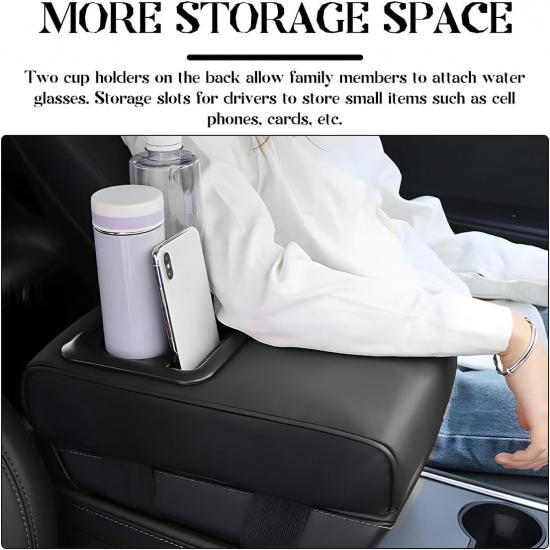 Car Center Console Armrest Pillow, 14"×8.3" Leather Memory Foam Armrest Cushion with Cup Holder & Phone Holder, Waterproof Middle Console Cover Box