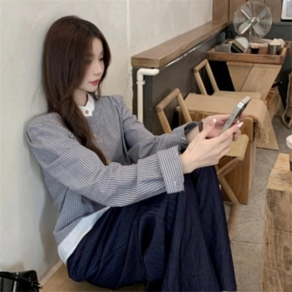 New Arrivals Open Run Women Classic Color Block Stripe No Collar Long Sleeve Shs