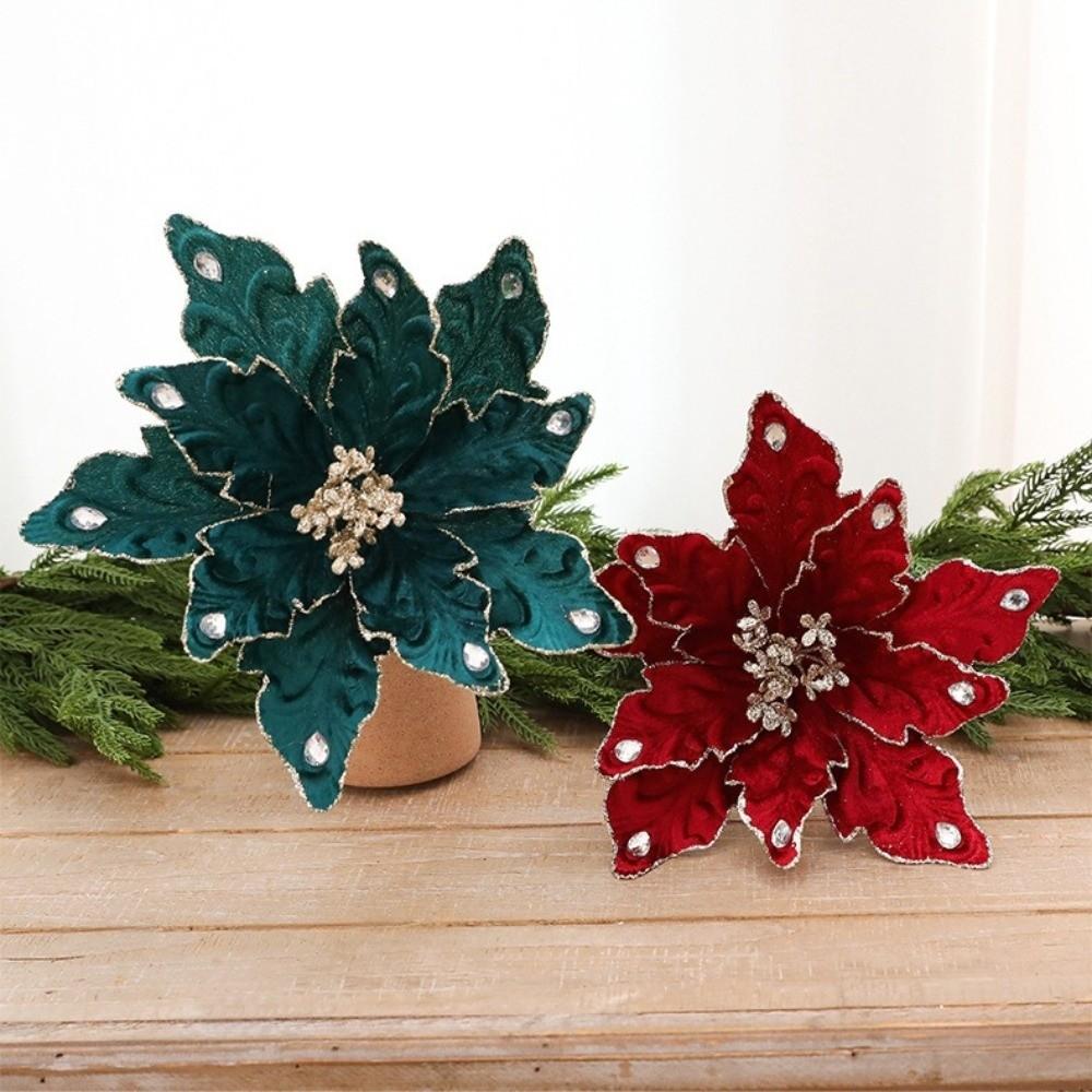 Glitter Velvet Christmas Poinsettia Pick DIY Craft Lifelike Christmas Tree Artificial Flower Colorful Vibrant
