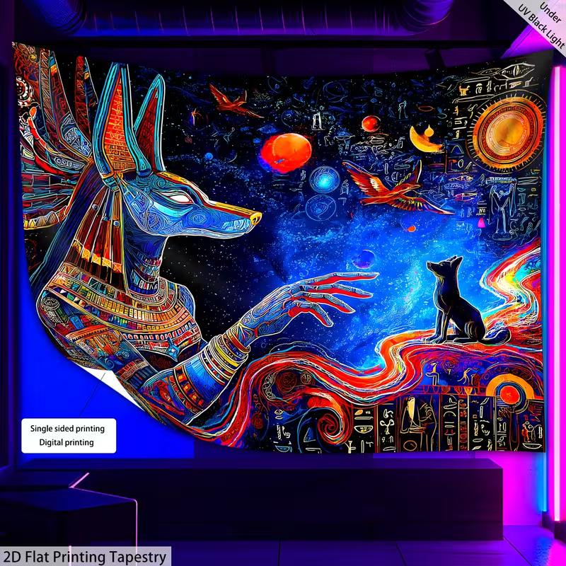 2D Blacklight Reactive Anubis Tapestry Trippy Egyptian Home Decor