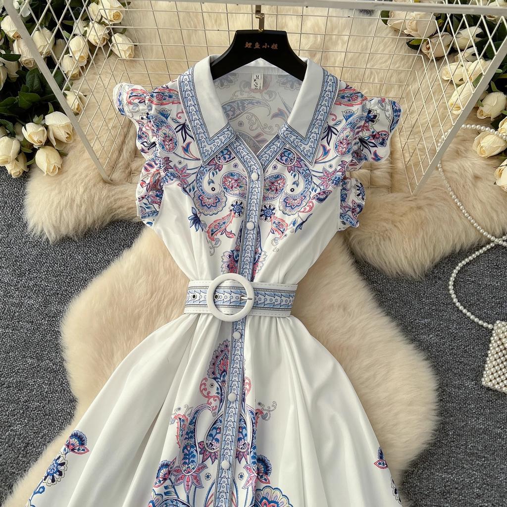 New Summer Pirnt Women Flower Turn Down Collar Flying Sleeve Belt Single Breasted Boho Holiday Party Dresses