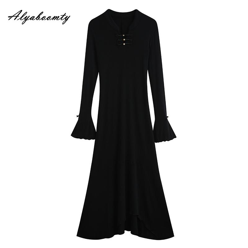 Vintage Chinesischer Stil Damen Schwarz Midi Pulloverkleid V-Ausschnitt Aushöhlen Strick Warm Unregelmäßiges Kleid Glockenärmel Gestricktes Warmes Kleid