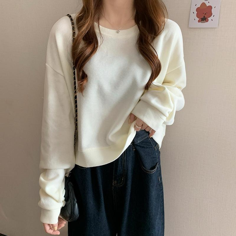Spring Autumn Korean Minimalist Solid Loose Cropped Long Sleeve Round Neck Hoodie Women Student High Waist Top