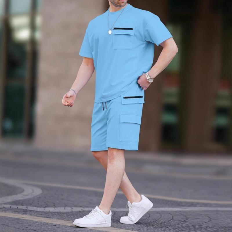 Men Solid Color 2 Piece Outfit Short Sleeve T-Shirt And Cargo Shorts Set With Zipper Pockets