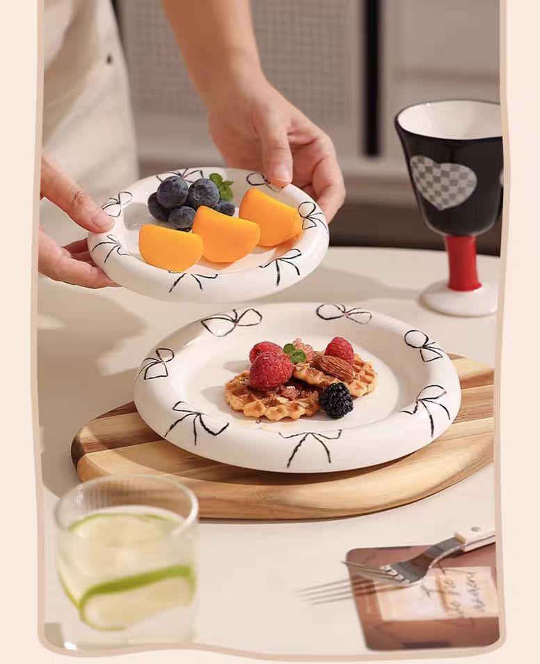 Instagram Blogger's Plate Hand Drawn Butterfly Bow White Dudu Plate Dessert Jewelry Storage Ceramic Plate Coffee Shop Dish