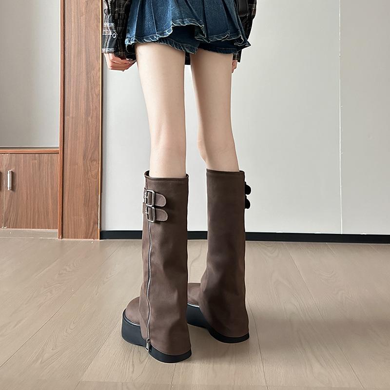 Cowhide~ Journey to Western Sichuan~ Boots Women's Boots Autumn and Winter Big Tube Wai Knight Boots Thick Legs Thick Sole Height Boots