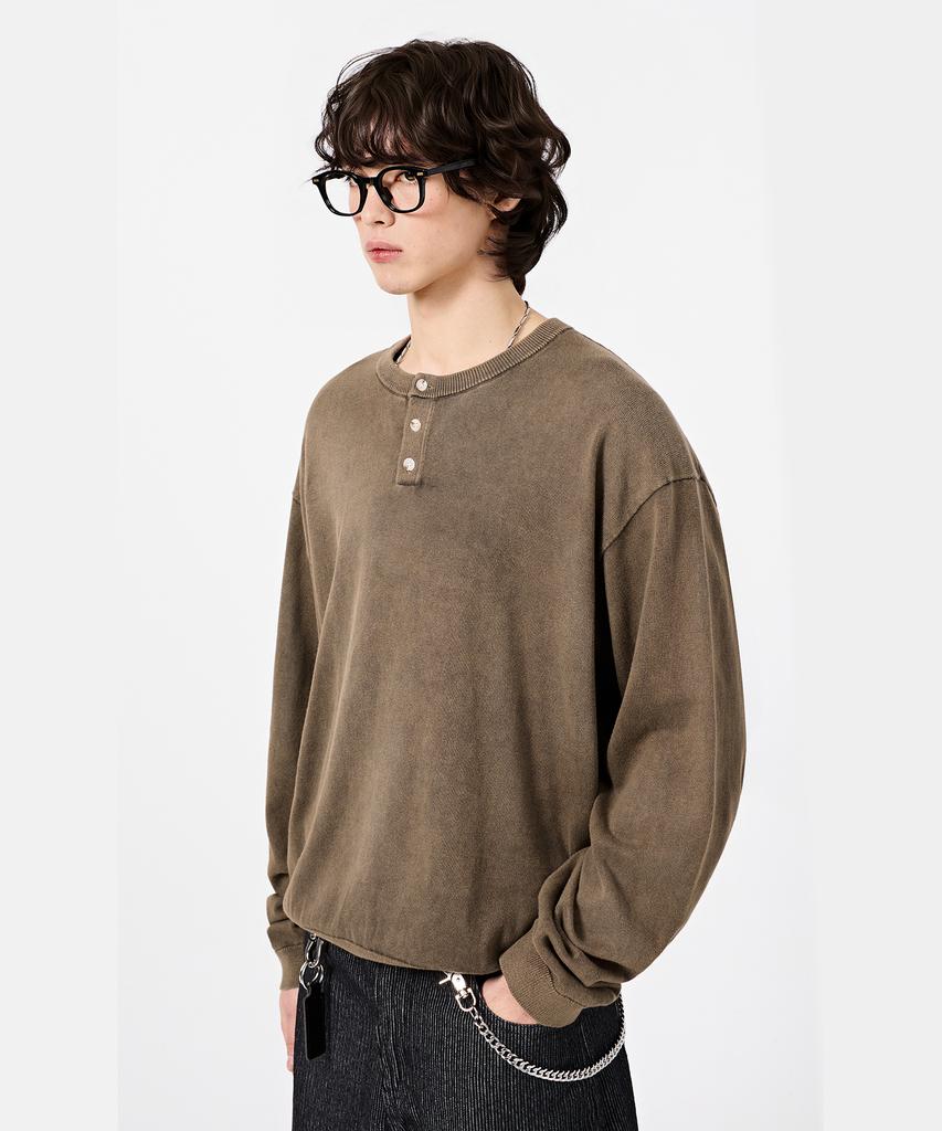 Dimiteulibeullaeg Daily Washable Pigment Henley Neck Round Knit_Brown
