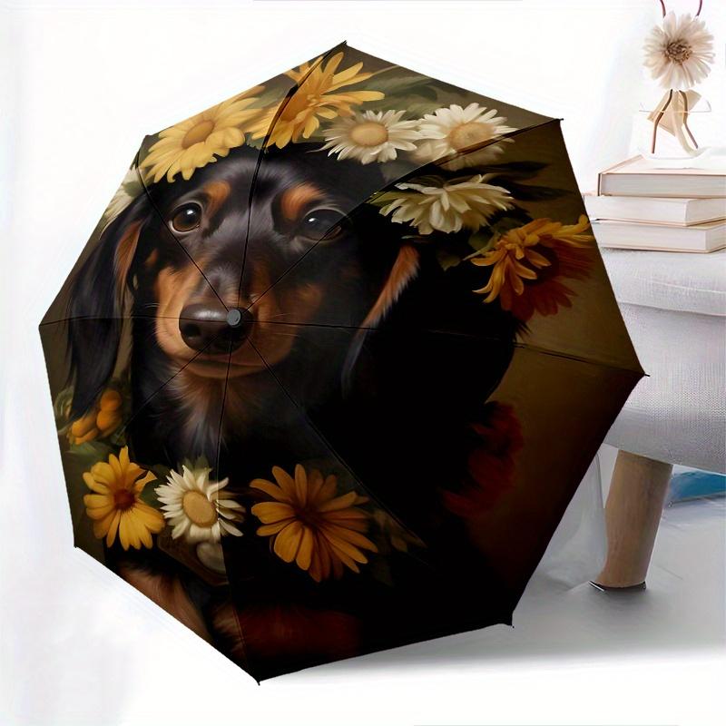 Flower Crown Dachshund Theme 8 Bone Hand Automatic Folding Fashion Umbrella, Compact and Portable Design, A Perfect Gift for Birthday, Chris