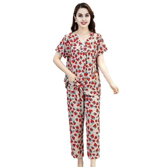 Women's Cotton Pajamas Set Short Sleeve Top Long Pants Casual Two-Piece Sleepwear Set Summer Plus Size Thin Loungewear for Elderly Mom