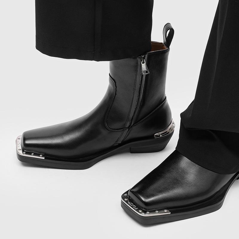 Men Fashion Punk Rock Genuine Leather Boots Designer Square Toe Shoes Cowboy Cool High Boot Black Brown Long Chelsea Botas Male