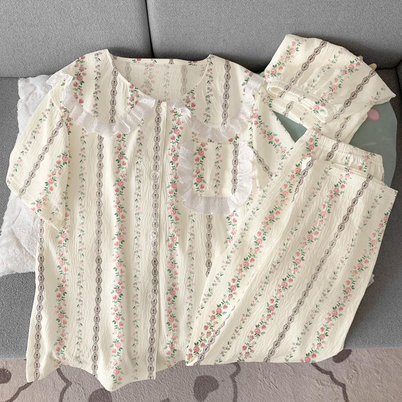High-Value Retro Flower Sweet Cloud Cotton Pajamas Women'S Summer Doll Collar Lace Loungewear Three-Piece Set