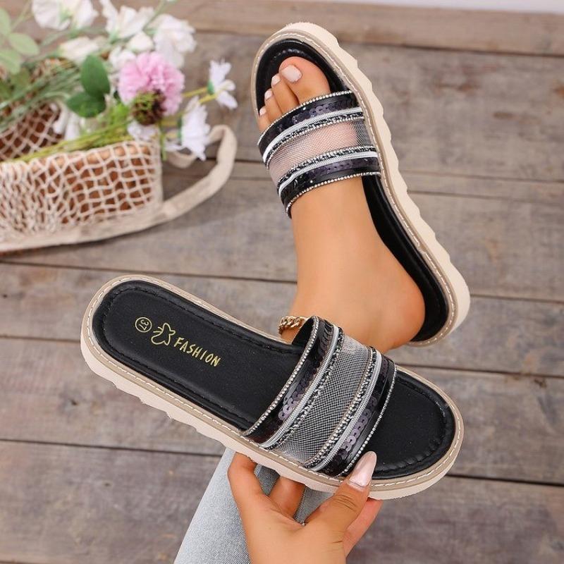 

Women Slippers Shiny Crystal Lightweight Sandals Fashion Platform Shoes Thick Sole Non Slip Party Dress Shoes Flats Slides Women 35 чорний