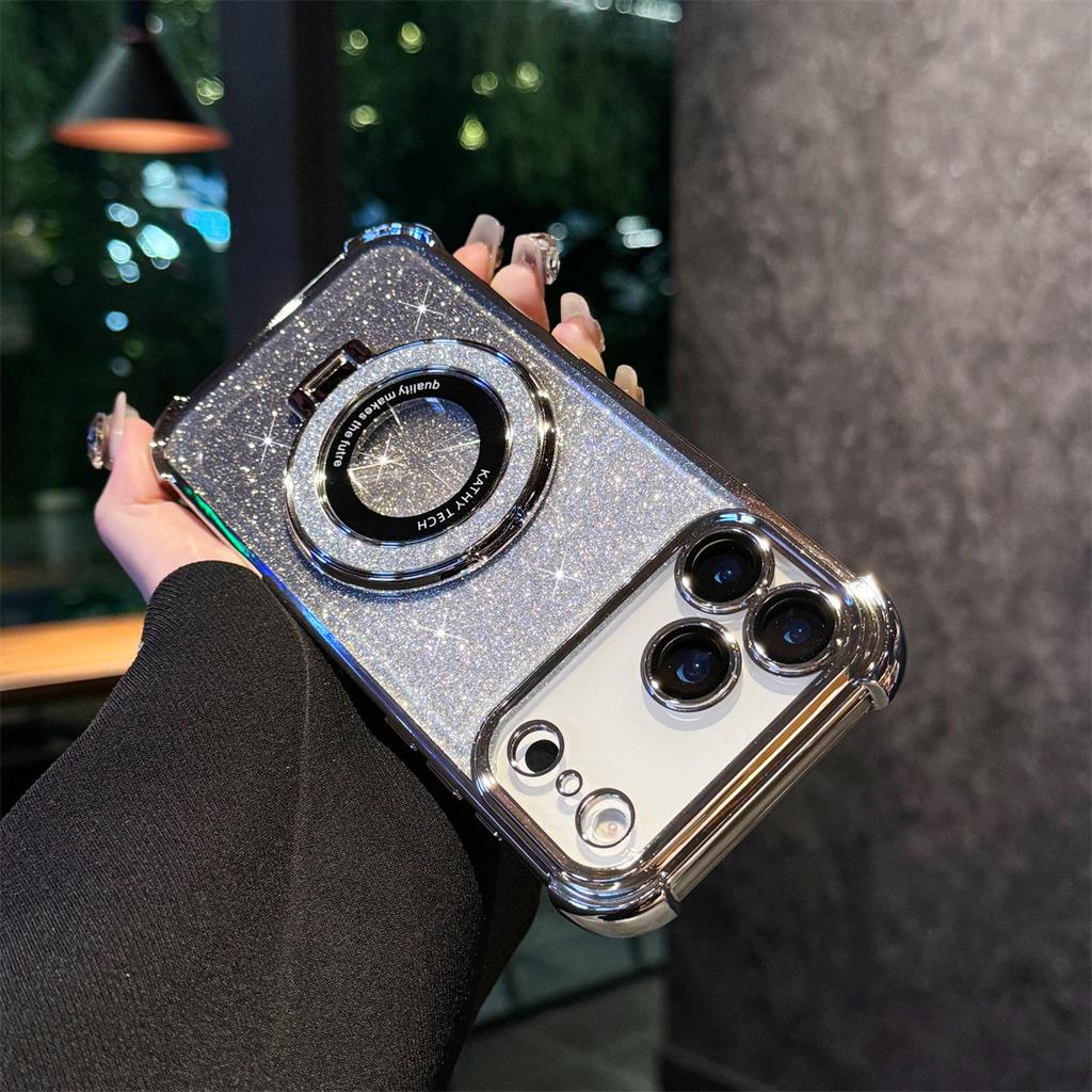 For Apple 17promax Acrylic Phone Case Electroplating Four Corner Anti Drop for IPhone 16 with Magnifier Bracket