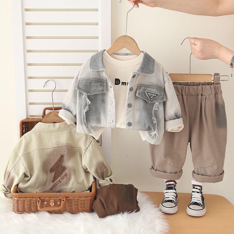 Boys' Trendy Denim 3-Piece Set: Stylish Spring/Autumn Outfit with Shirt and Outerwear