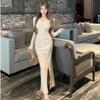 Sexy solid color cross v-neck long-sleeved dress temperament women's autumn and winter slim-fitting tight waist-wrapped hip-wrapped split-ended long d