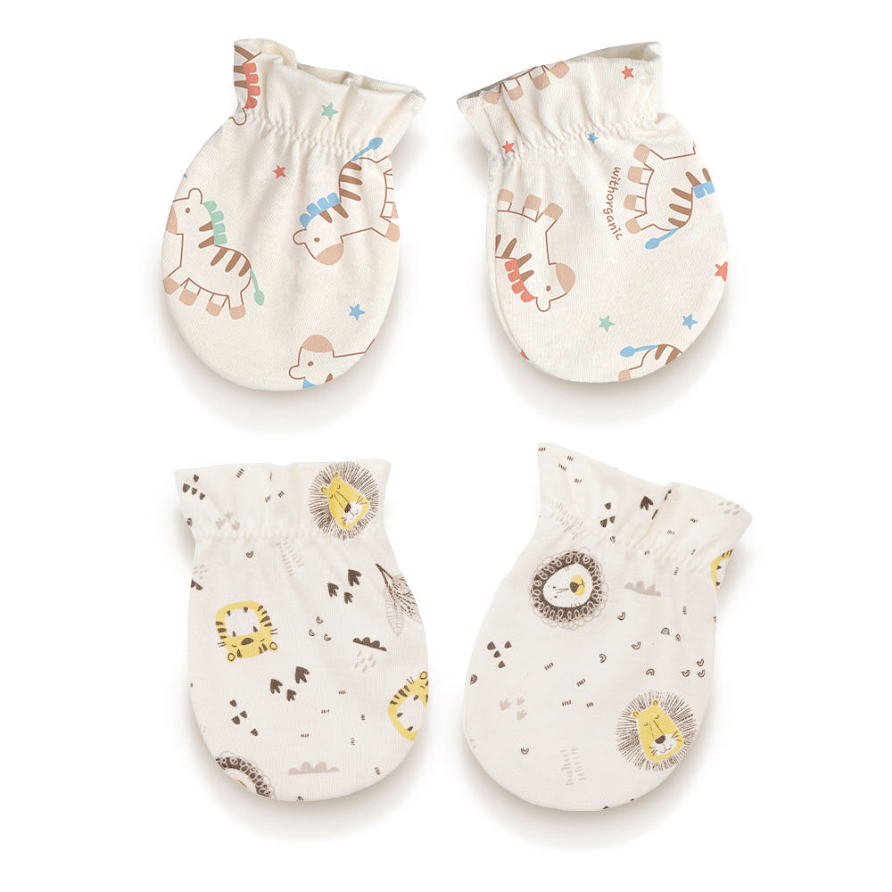 Withorganic Organic Cotton Newborn Mittens 2-Piece Set - Baby Horse + Tiger Friend