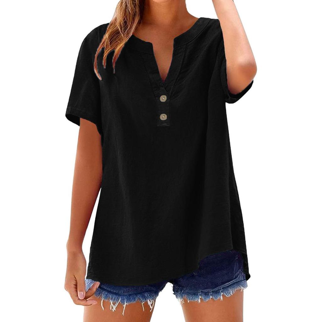 Summer Loose Shirts For Women Short Sleeve V Neck Button Plain Shirt Casual Beach Vacation Clothes For Women