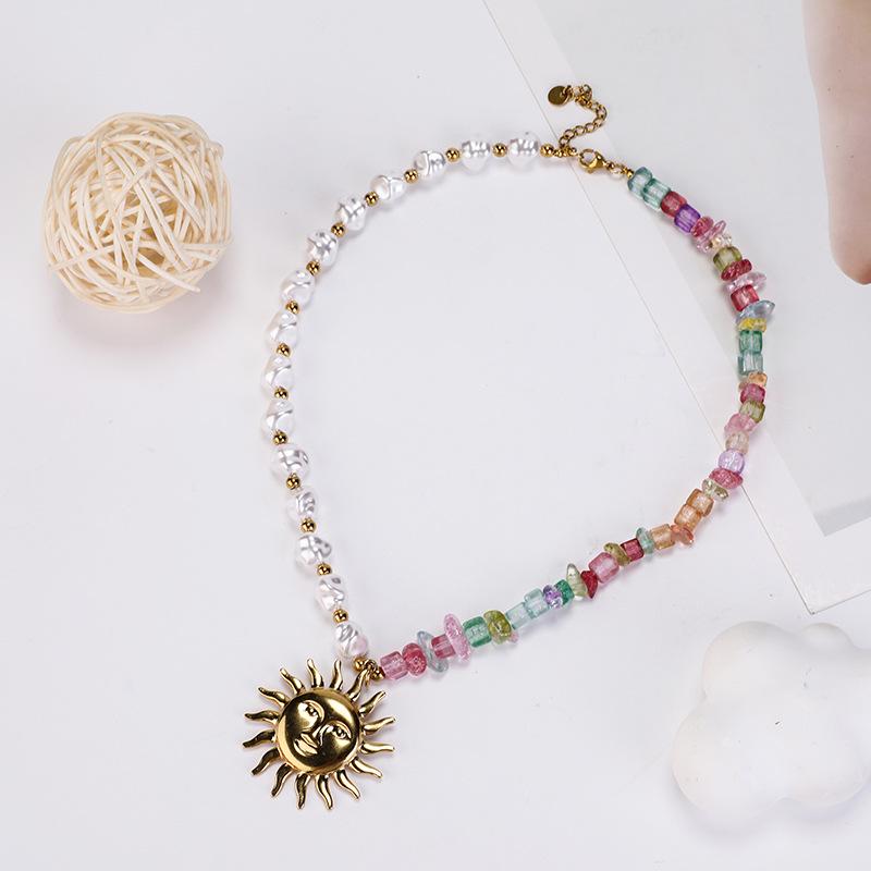 Bohemian Pearl Chip Beaded Sunflower Choker Necklace in Two-Tone Stainless Steel