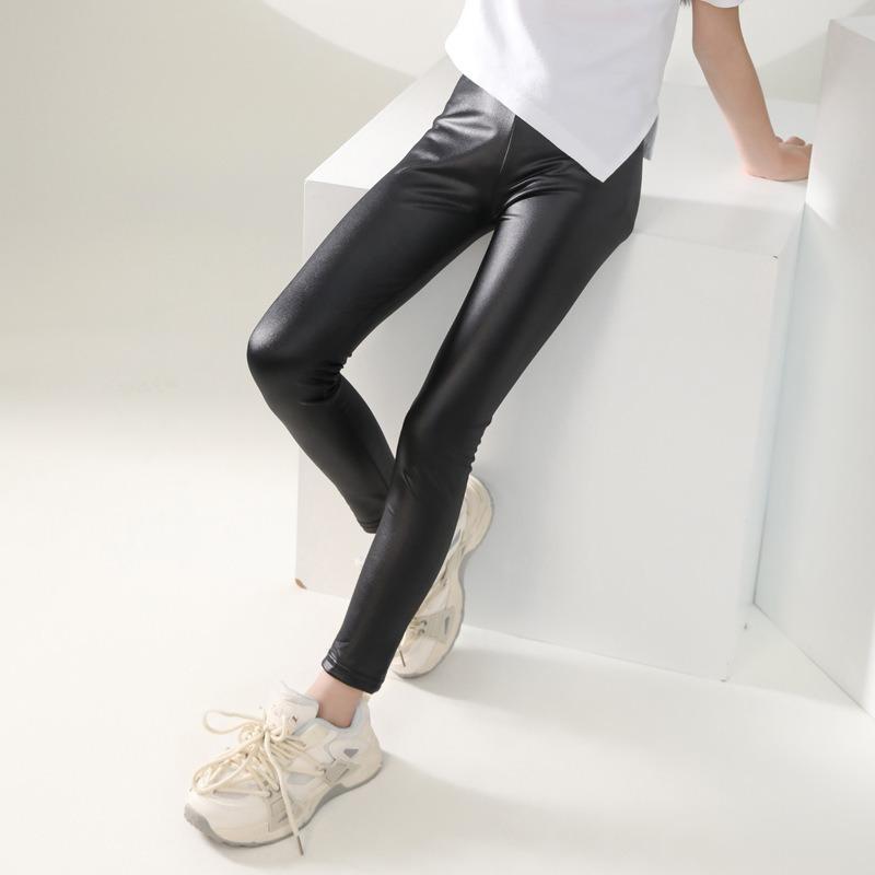 Spring Faux Leather PU Leggings For Kids Girls Slim Pencil Pants Elastic Waist Trouser Children
