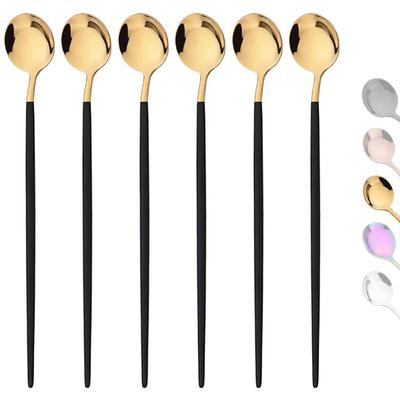 6Pcs Coffee Stirring Spoon Flatware Cutlery Set Juice Black Gold Tea Spoons Dinnerware Ice Cream Long Handle Scoop Kitchen Tools