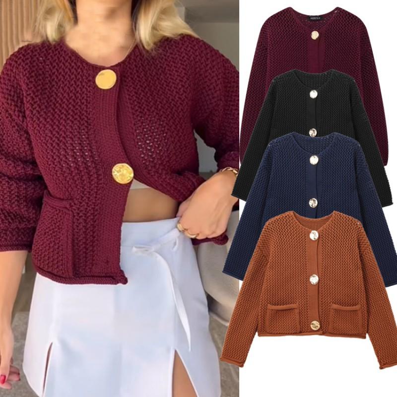 Womens Winter Solid Color Loose Fit Crew Neck Knit Cardigan Coat Streetwear