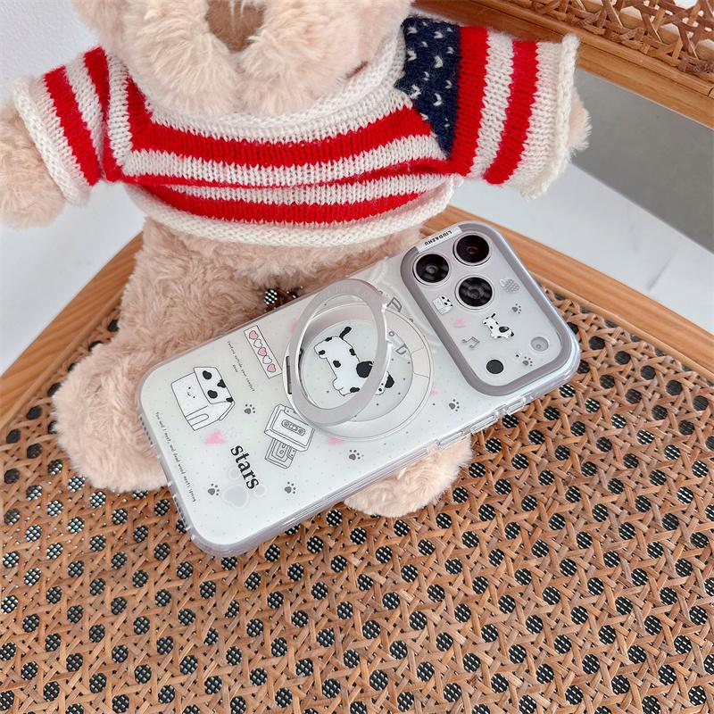 Kawaii Cartoon Dog Cat Print Ring Holder Phone Case For iPhone 15 16 17 Pro Max INS Korean Style Large Window Shockproof Cover