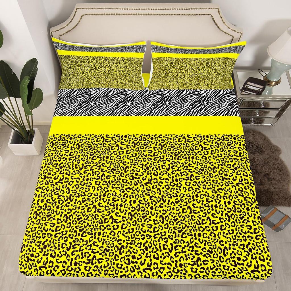 Leopard Kids Fitted Sheet, Black White Striped Bed Cover with Pillowcases, Animal Print Bedding Set for Boys Girls Room Decor