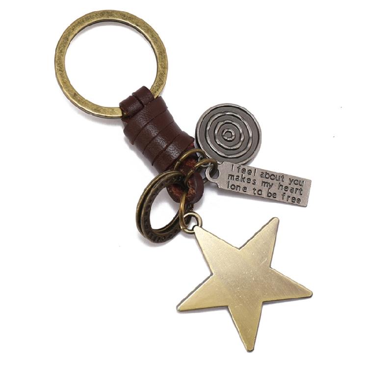 

Antique Iron Alloy Star Keychain Handcraft Leather Keyring For Men Car Keys And Bag Accessories темно-коричневого