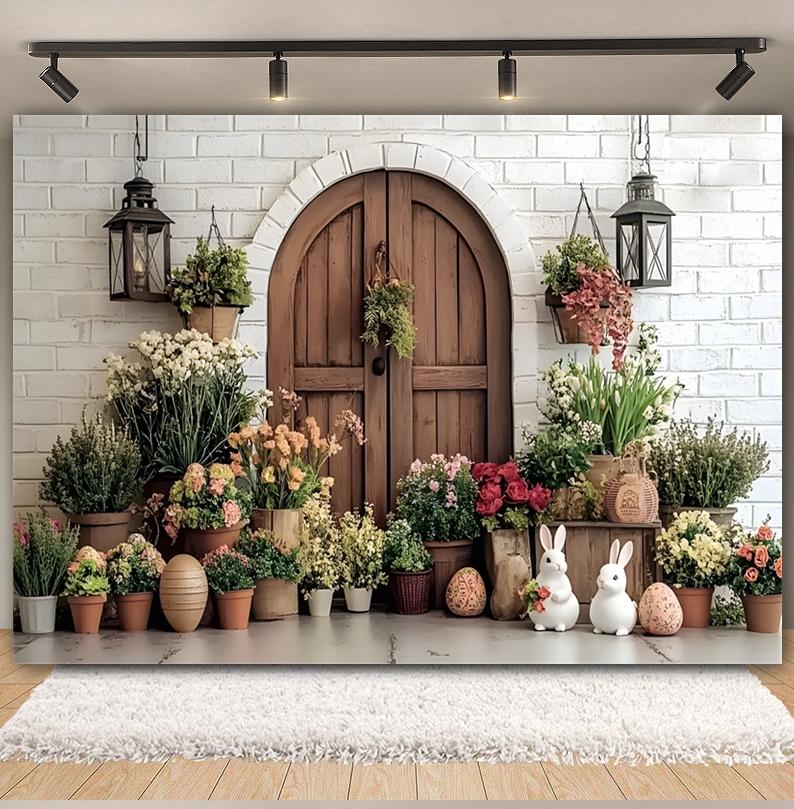 Easter white brick wall flower rabbit Easter egg shooting Backdrop spring flower wall children's birthday party banner Backdrop