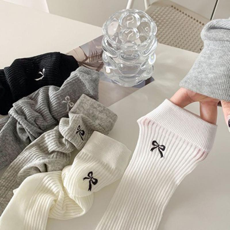 Woman Ultra Thin Version  Ins Bow Solid Color Mesh Mid Tube Breathable Socks Black White Grey Girl  Style Sweet Socks
