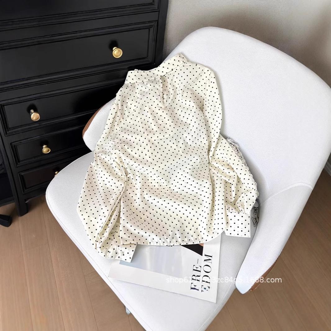 

Французская ретро рубашка с бантом в горошек женская 2025 ранняя весна новая милая свободная с длинным рукавом универсальный топ XXXL [Recommended 138-75kg] белый
