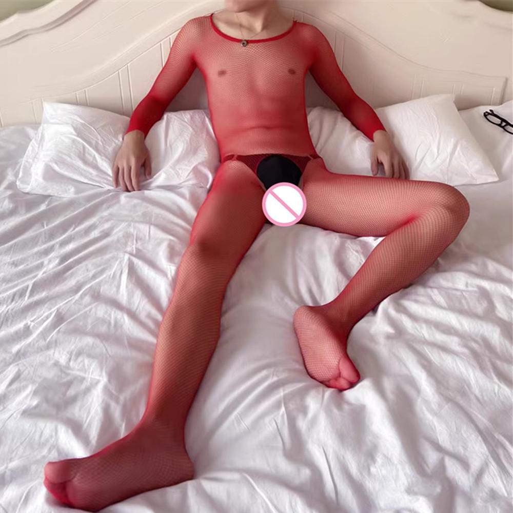 Hot Male Bodystockings Men's Transparent Erotic Bodysuits O Neck Long Sleeve Bodysuit Erotic Boyfriend Underwear Sleepwear