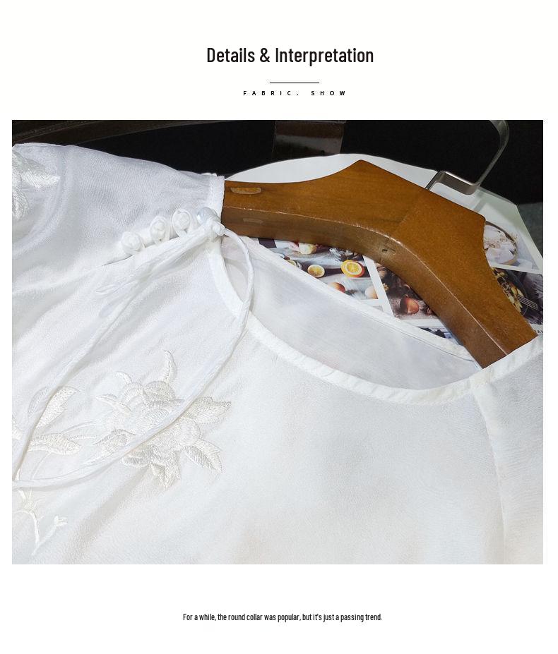 Women's White Embroidered Chinese-Style Round Neck Shirt - 2022 Autumn Casual Fashion Top