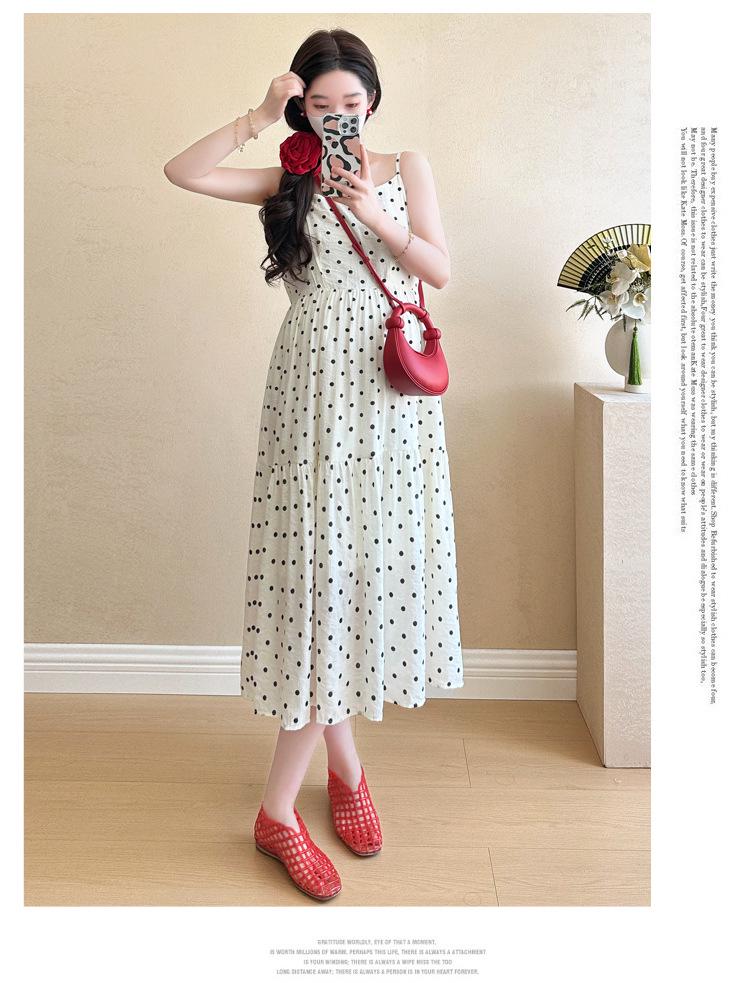 Korean Style Maternity Two-Piece Set: Lace Patchwork Denim Vest with Polka Dot Camisole Dress
