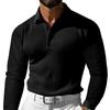 New Men's T-shirt Waffle Collar Button Slim Long Sleeve Polo Shirt