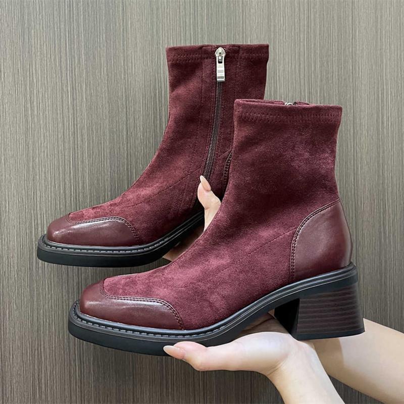 

Модные Роскошные Ботильоны из Искусственной Замши с Эластичными Вставками Женские Дизайн с Боковой Молнией Массивный Каблук Ботильоны Осень Теплые Бордовые Botas Mujer 38 бордовый
